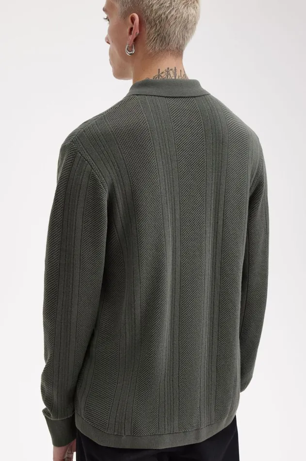 Men Knitwear Fred Perry Pointelle Panel Long Sleeve Knitted Shirt Field Green