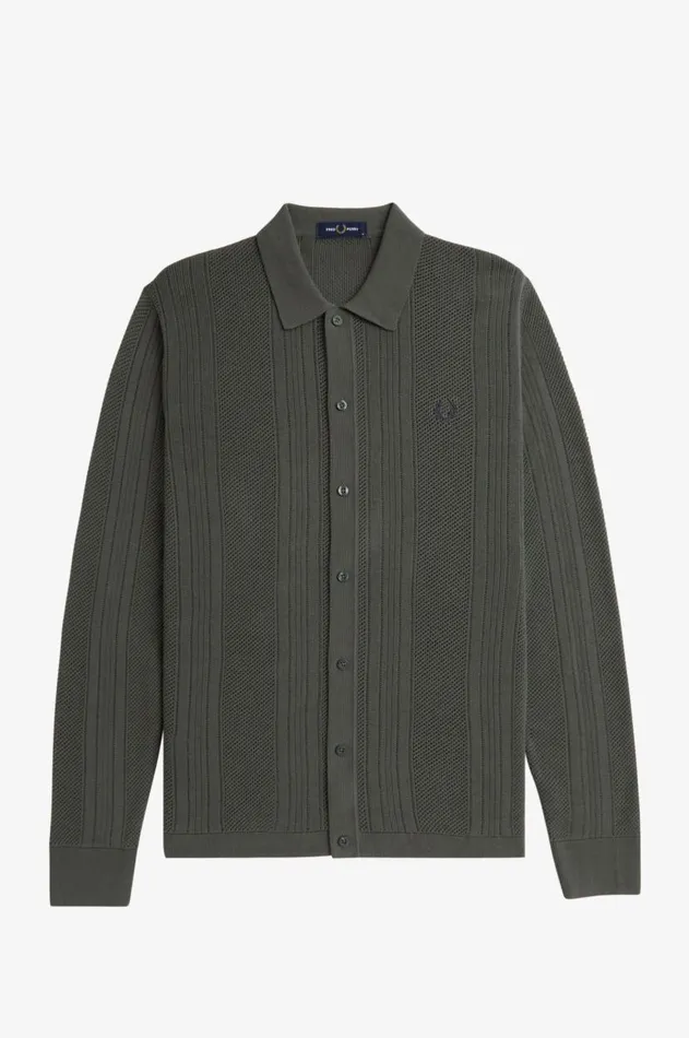 Men Knitwear Fred Perry Pointelle Panel Long Sleeve Knitted Shirt Field Green