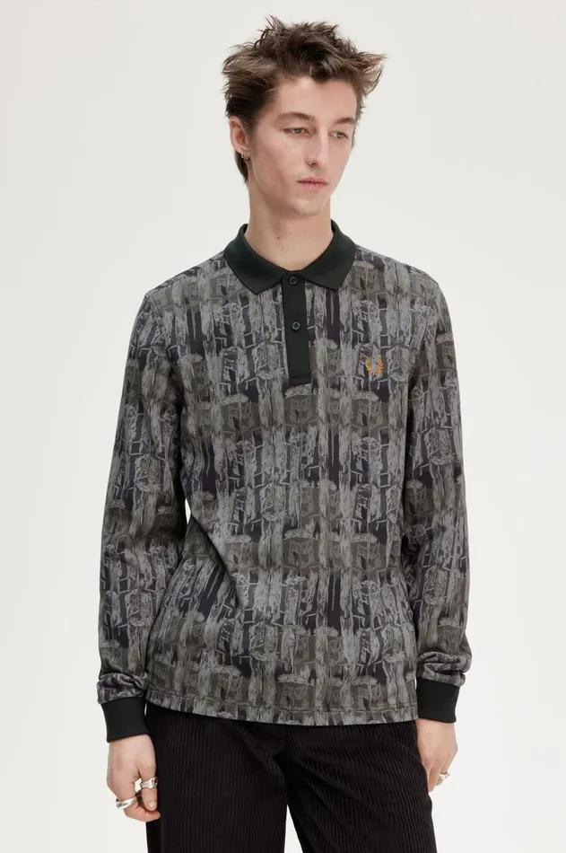 Men Polo Shirts Fred Perry Abstract Print Polo Shirt Night Green