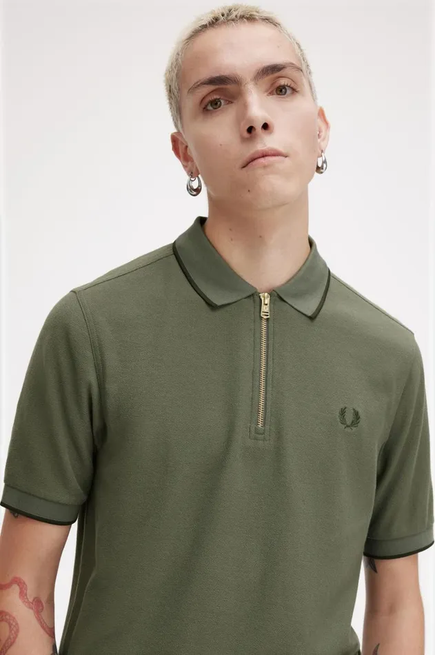 Men Polo Shirts Fred Perry Crepe Piqu Zip Neck Polo Shirt Laurel Wreath Green