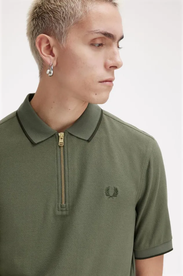 Men Polo Shirts Fred Perry Crepe Piqu Zip Neck Polo Shirt Laurel Wreath Green