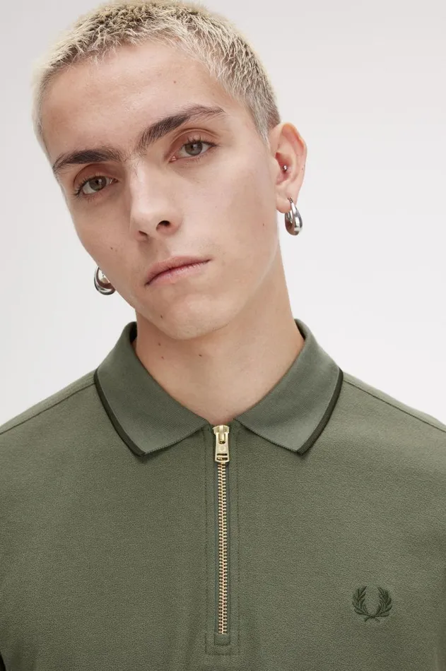 Men Polo Shirts Fred Perry Crepe Piqu Zip Neck Polo Shirt Laurel Wreath Green