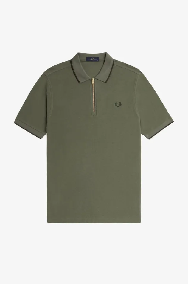 Men Polo Shirts Fred Perry Crepe Piqu Zip Neck Polo Shirt Laurel Wreath Green