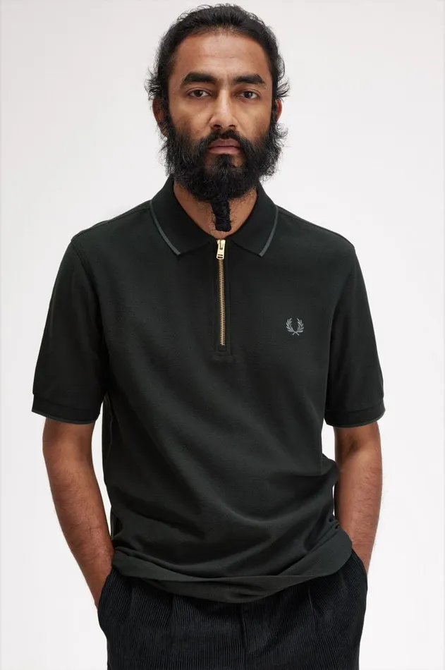 Men Polo Shirts Fred Perry Crepe Piqu Zip Neck Polo Shirt Night Green