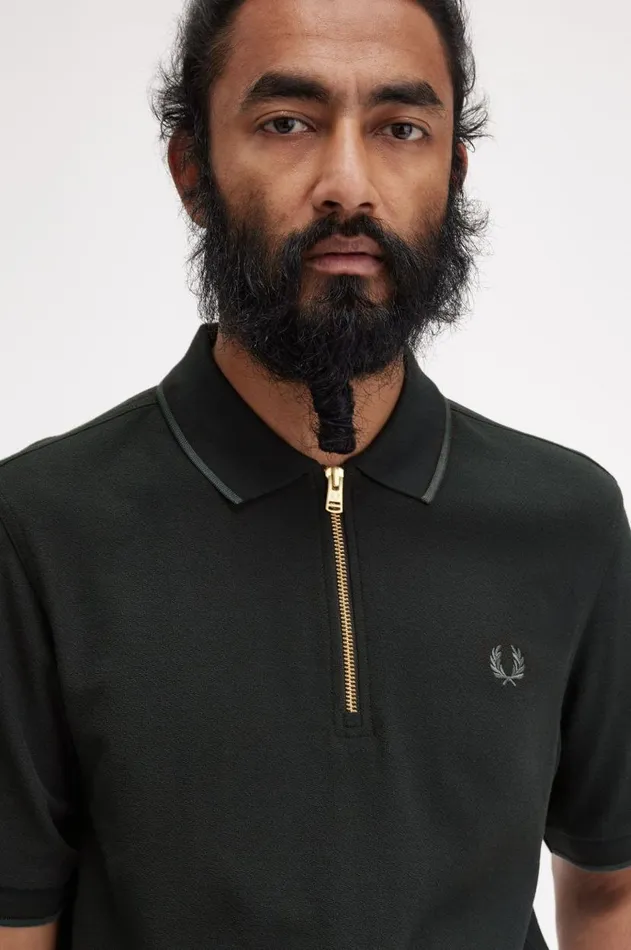 Men Polo Shirts Fred Perry Crepe Piqu Zip Neck Polo Shirt Night Green