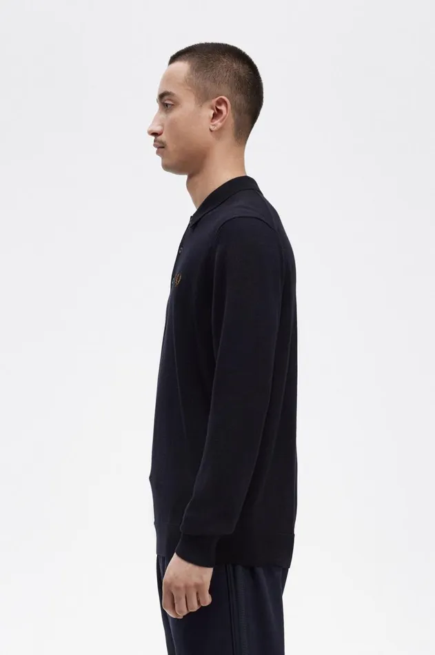 Men Polo Shirts Fred Perry Long Sleeve Knitted Shirt Navy