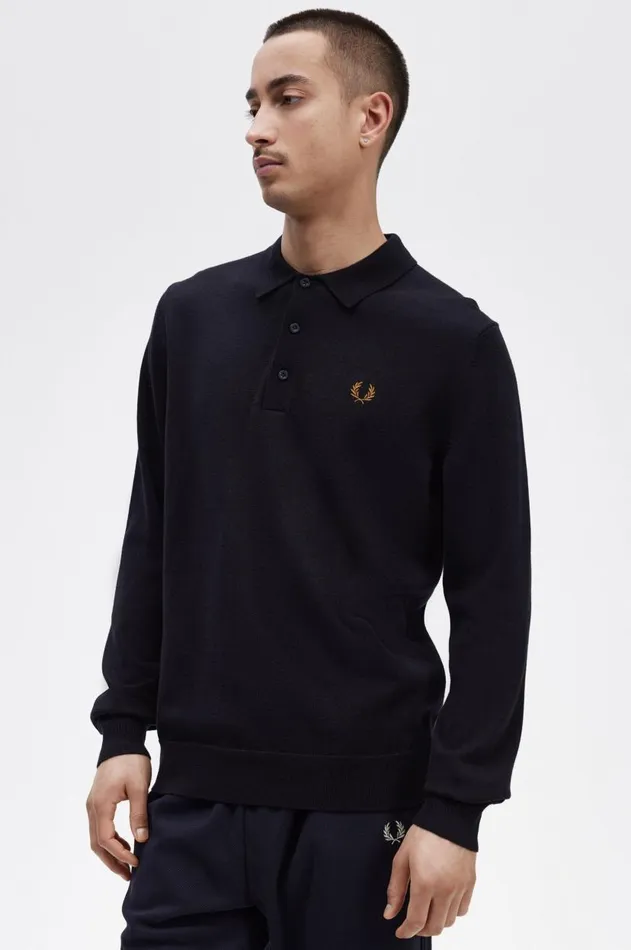 Men Polo Shirts Fred Perry Long Sleeve Knitted Shirt Navy