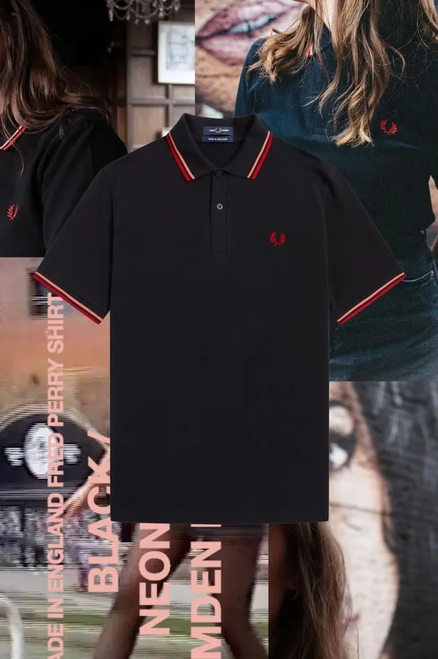 Men Polo Shirts Fred Perry M12 Blackcoral Heatcamden Brick
