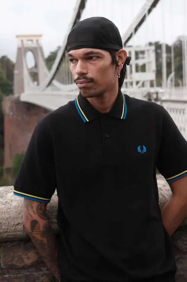 Men Polo Shirts Fred Perry M12 Blackneon Greenbristol Blue