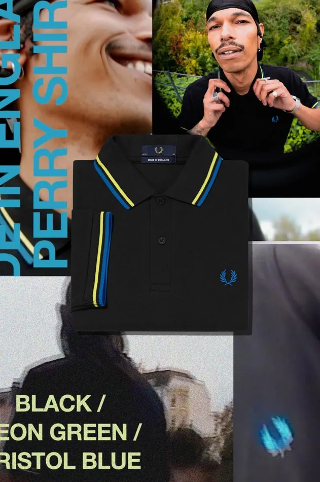 Men Polo Shirts Fred Perry M12 Blackneon Greenbristol Blue