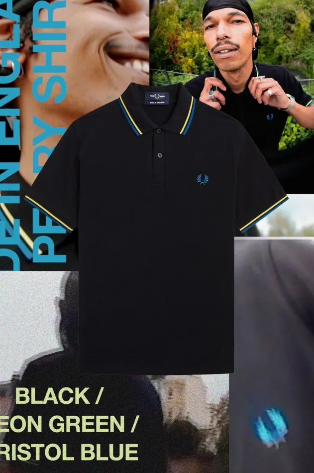 Men Polo Shirts Fred Perry M12 Blackneon Greenbristol Blue