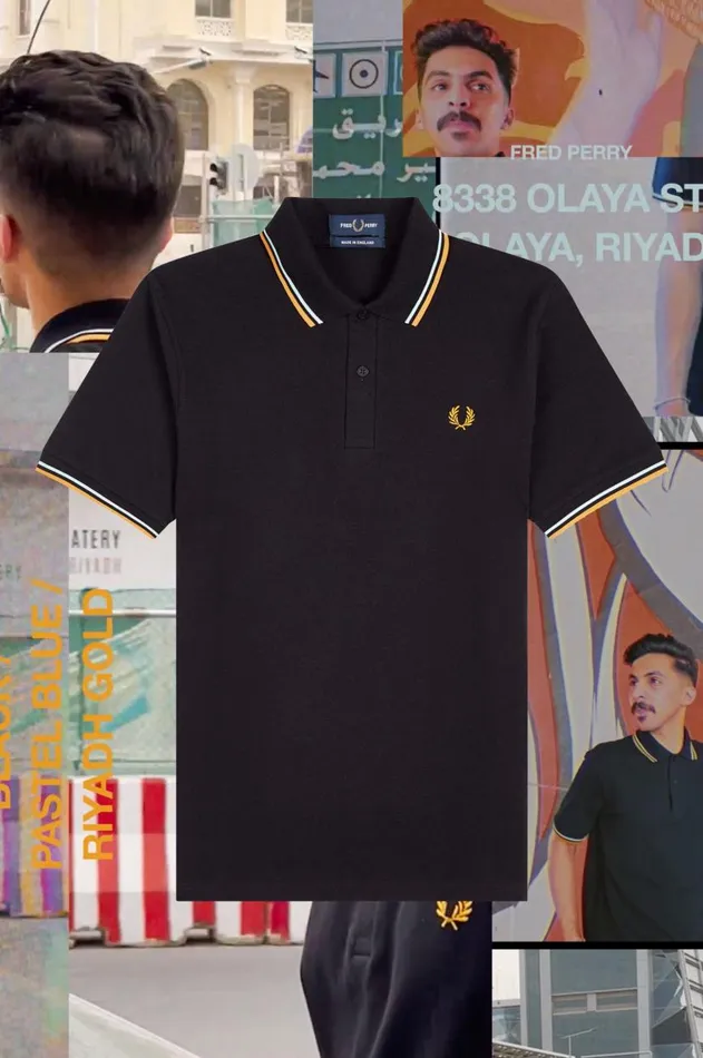 Men Polo Shirts Fred Perry M12 Blackpastel Blueriyadh Gold