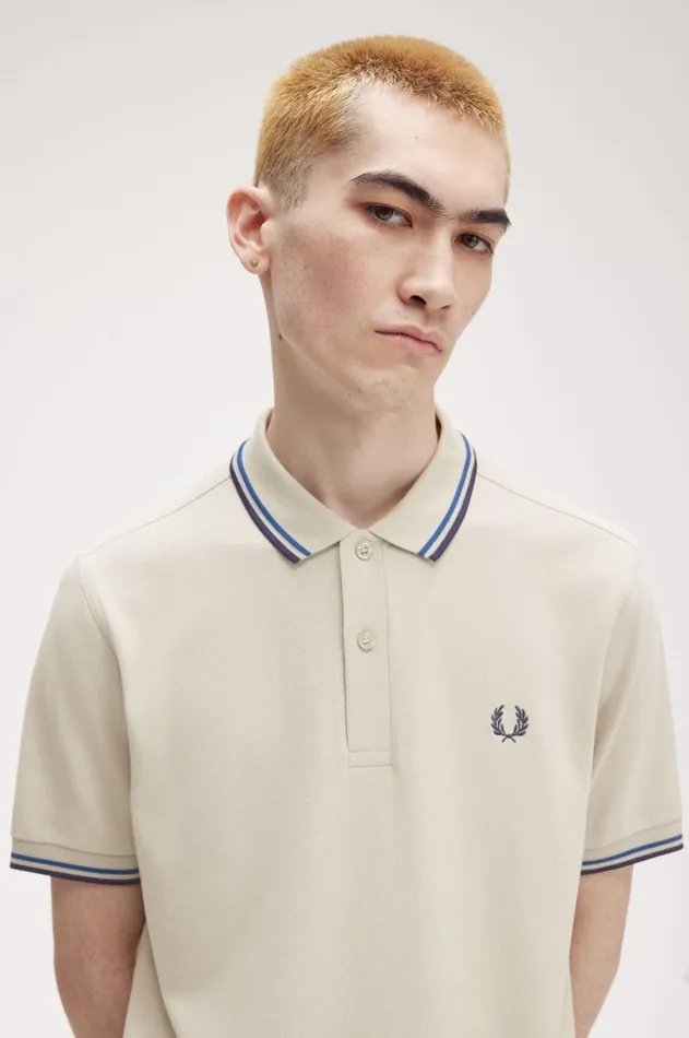 Men Polo Shirts Fred Perry M3600 Light Oystermid Bluefrench Navy