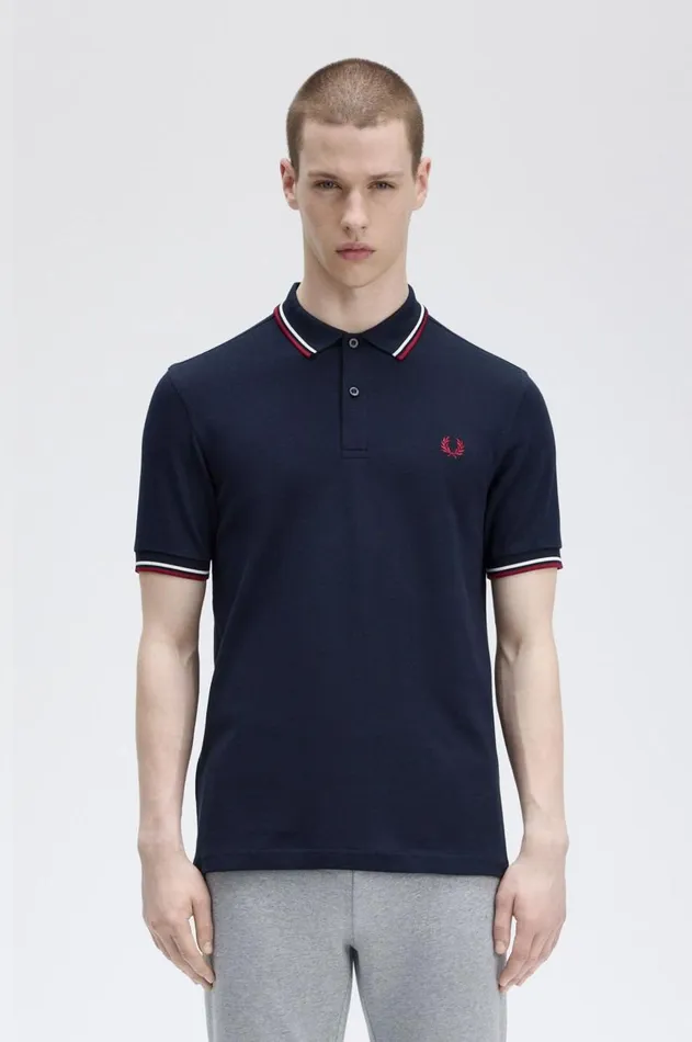 Men Polo Shirts Fred Perry M3600 Navysnow Whiteburnt Red