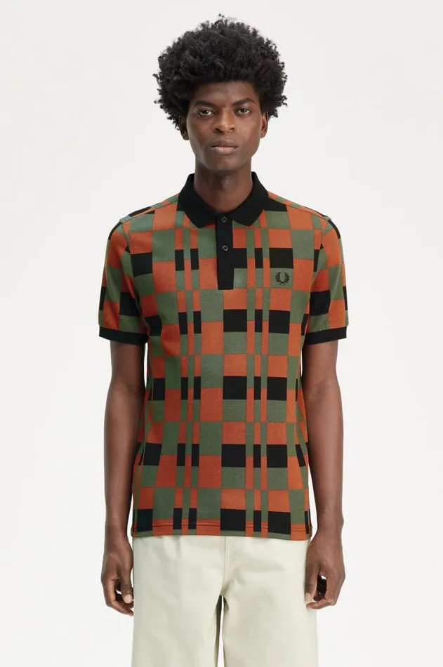Men Polo Shirts Fred Perry Split Chequerboard Polo Shirt Laurel Wreath Green