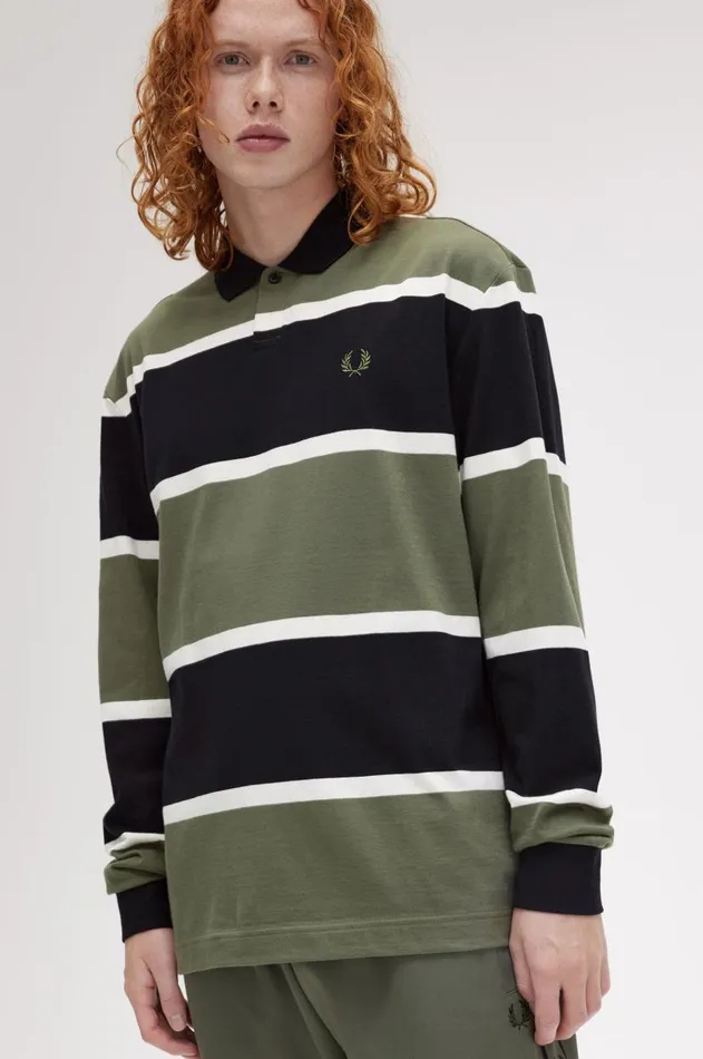 Men Polo Shirts Fred Perry Striped Long Sleeve Polo Shirt Laurel Wreath Green