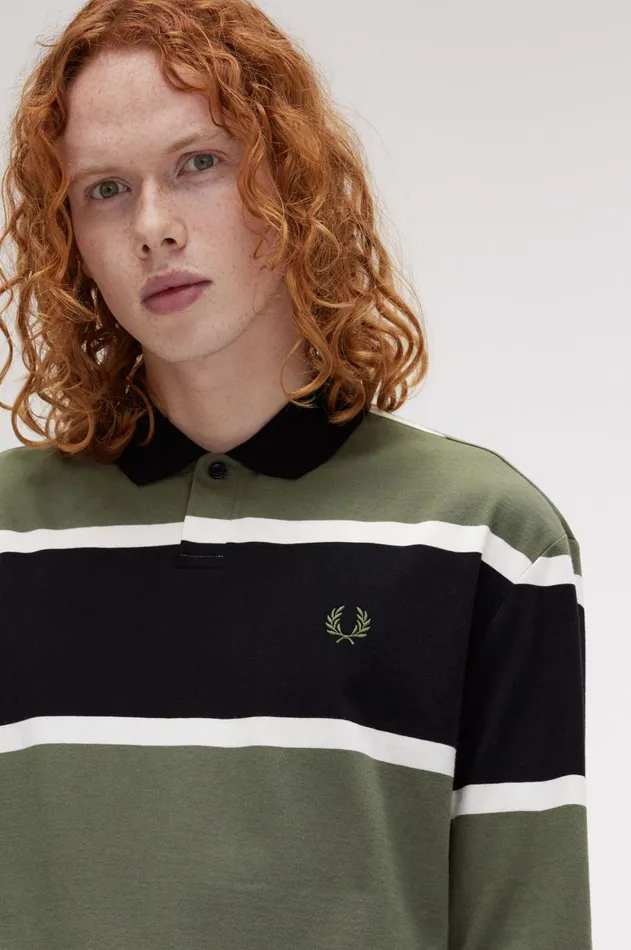 Men Polo Shirts Fred Perry Striped Long Sleeve Polo Shirt Laurel Wreath Green