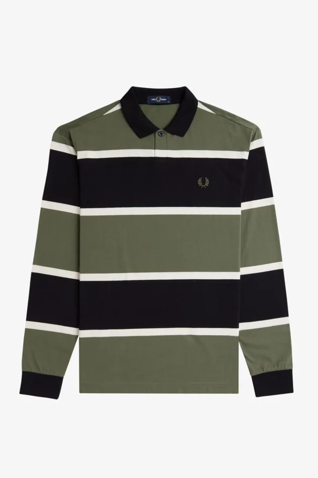 Men Polo Shirts Fred Perry Striped Long Sleeve Polo Shirt Laurel Wreath Green