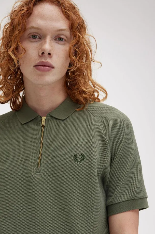 Men Polo Shirts Fred Perry Textured Zip Neck Polo Shirt Laurel Wreath Green