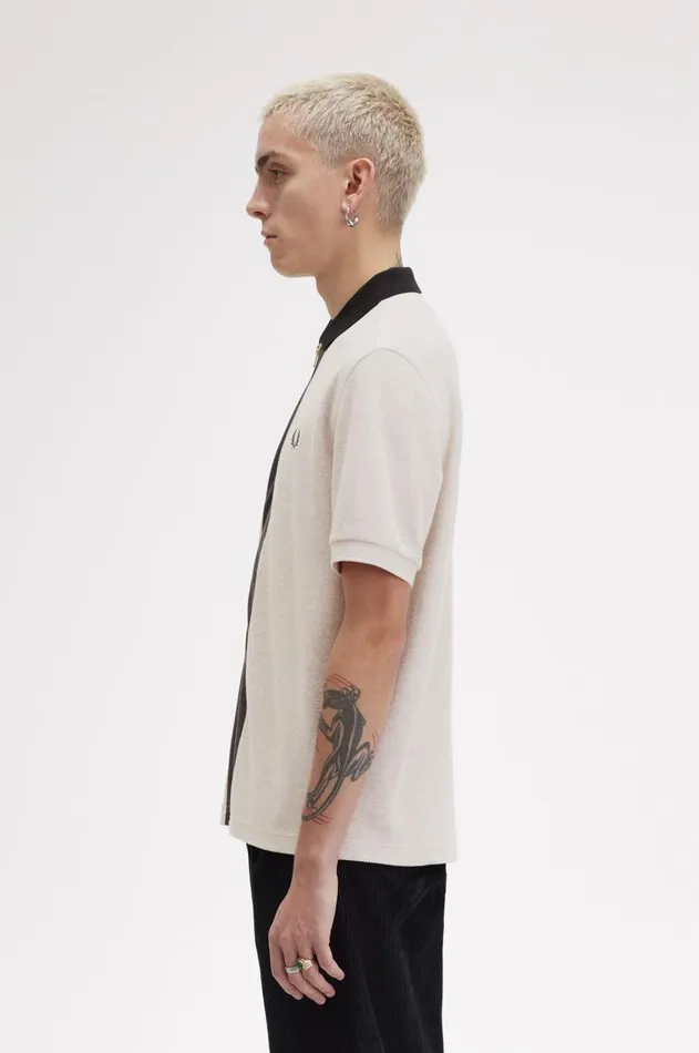 Men Polo Shirts Fred Perry Zip Through Polo Shirt Porridge Marl