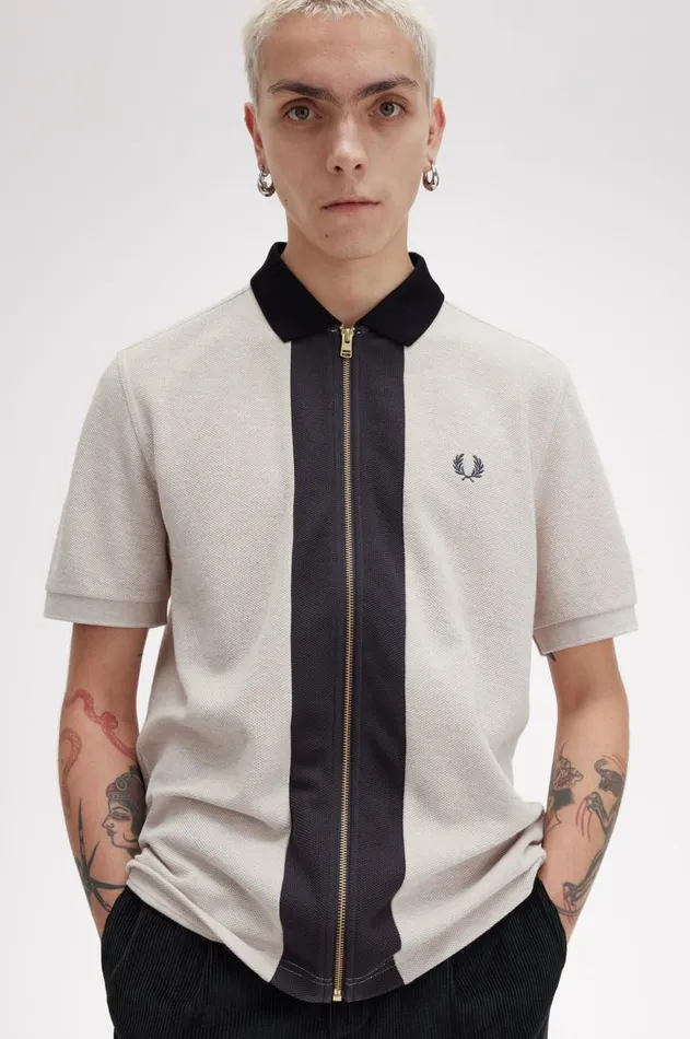 Men Polo Shirts Fred Perry Zip Through Polo Shirt Porridge Marl