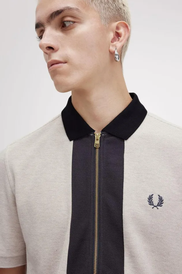 Men Polo Shirts Fred Perry Zip Through Polo Shirt Porridge Marl