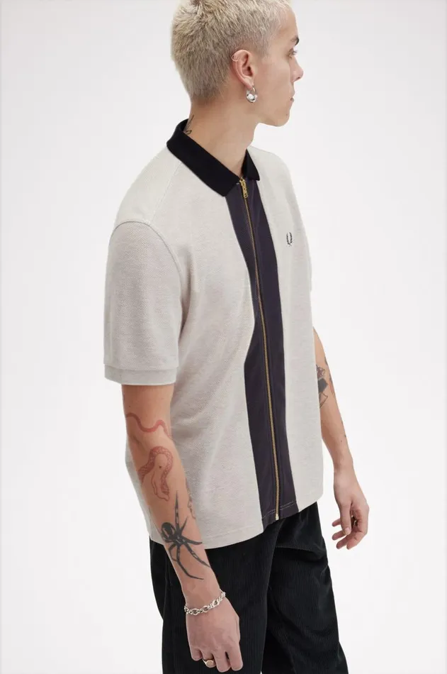 Men Polo Shirts Fred Perry Zip Through Polo Shirt Porridge Marl