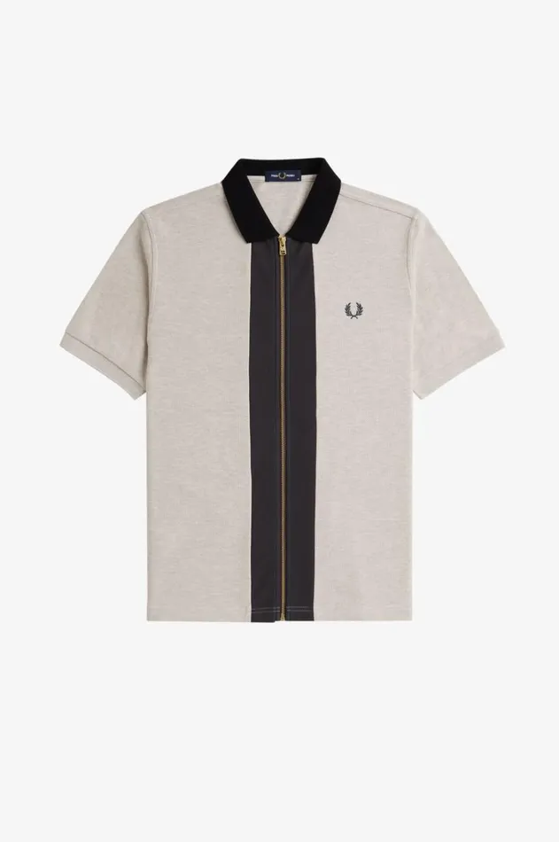 Men Polo Shirts Fred Perry Zip Through Polo Shirt Porridge Marl