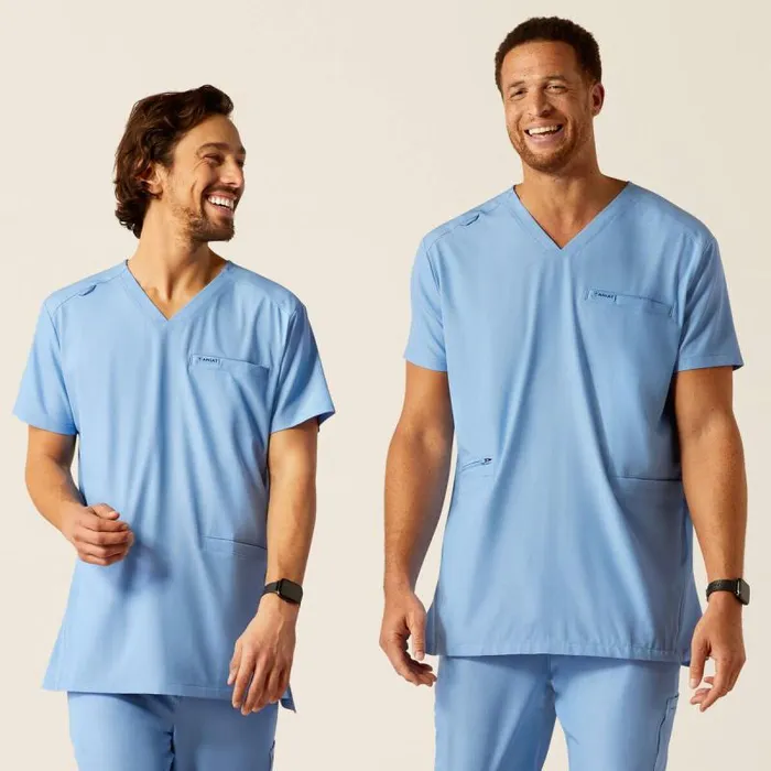 Men Scrubs Ariat Derham 6 Pocket Scrub Top Light Blue Heather