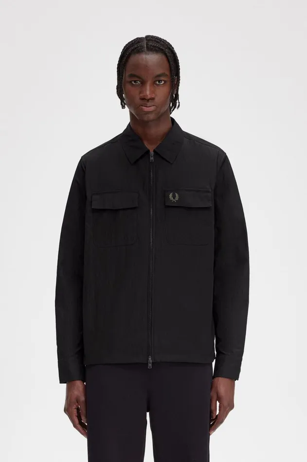 Men Shirts Fred Perry Textured ZipThrough Overshirt Black
