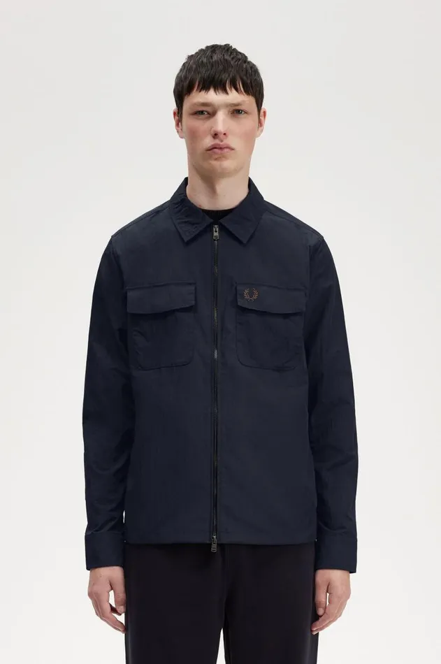 Men Shirts Fred Perry Textured ZipThrough Overshirt Navy