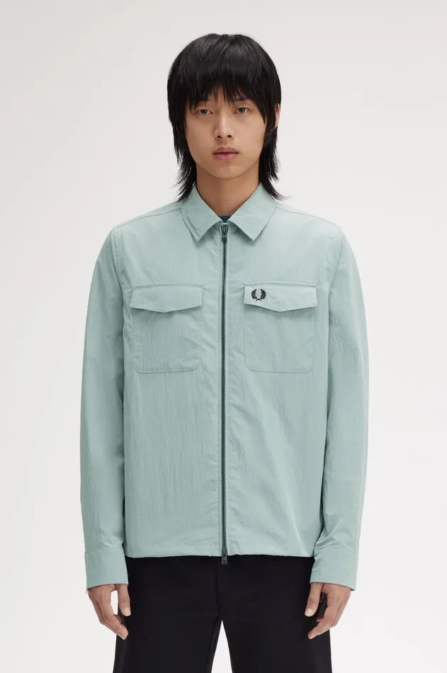 Men Shirts Fred Perry Textured ZipThrough Overshirt Silver Blue