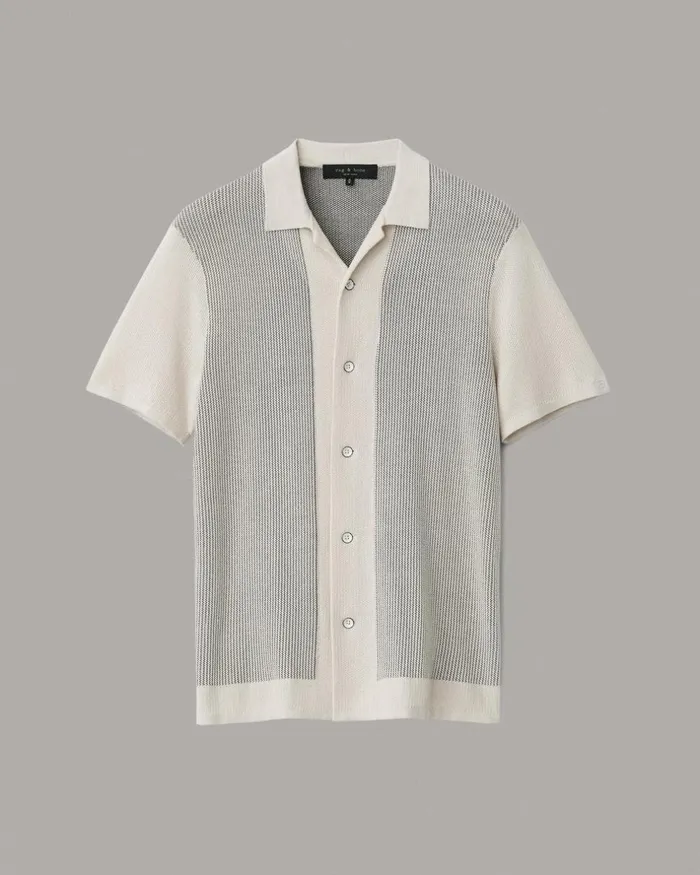 Men Shirts Rag 038 Bone Harvey Cotton Knit Camp Shirt Ivory Black