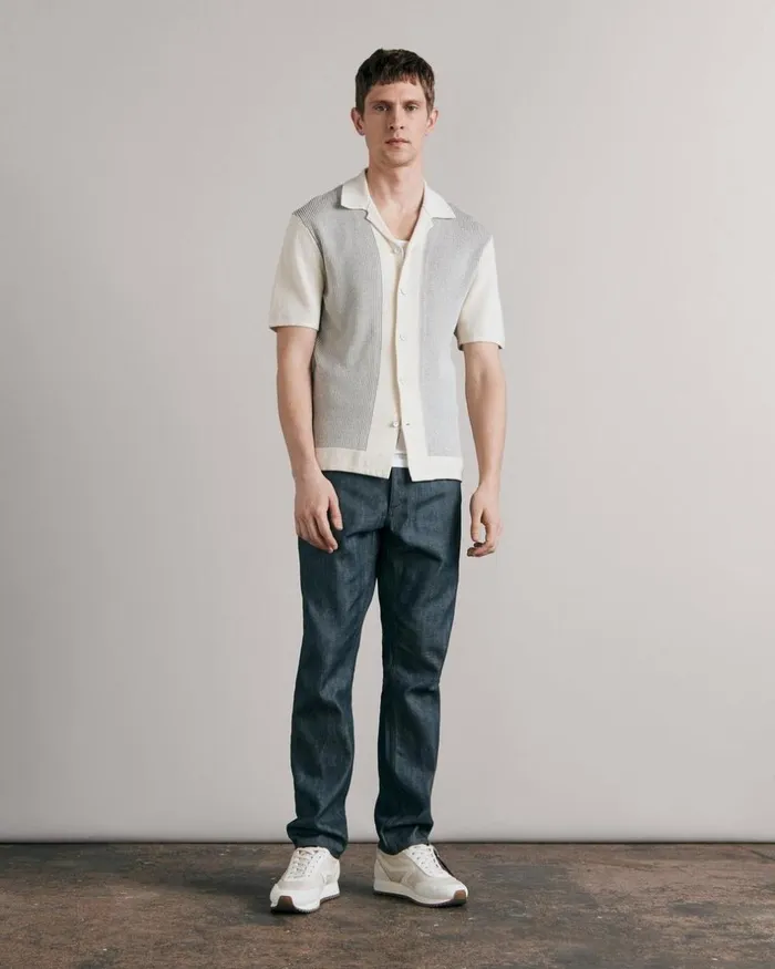 Men Shirts Rag 038 Bone Harvey Cotton Knit Camp Shirt Ivory Black