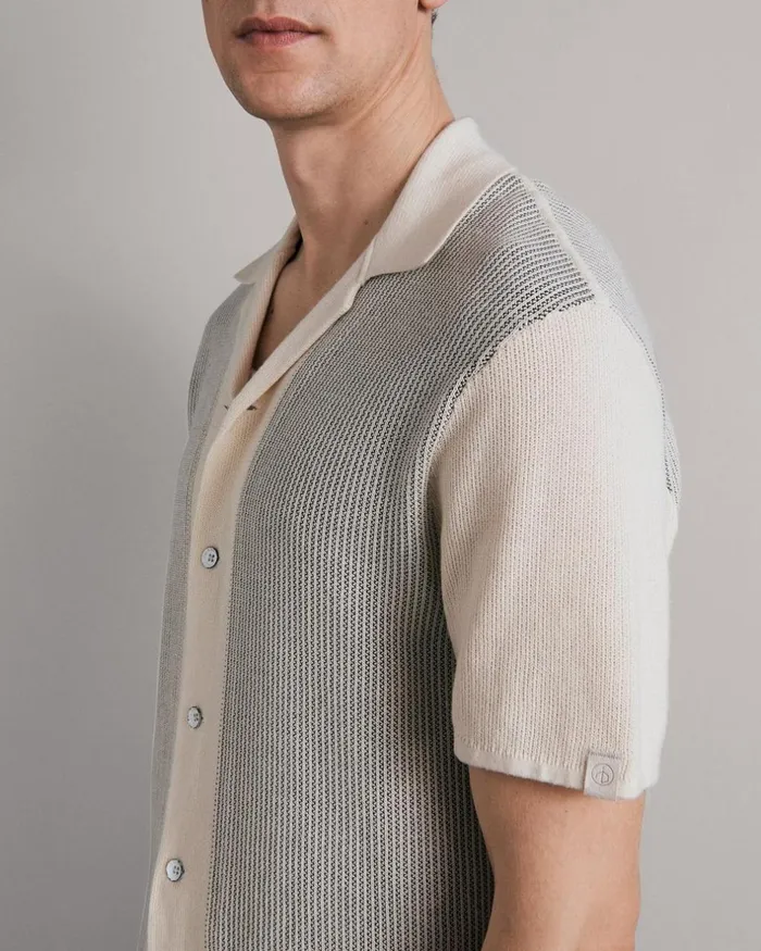 Men Shirts Rag 038 Bone Harvey Cotton Knit Camp Shirt Ivory Black