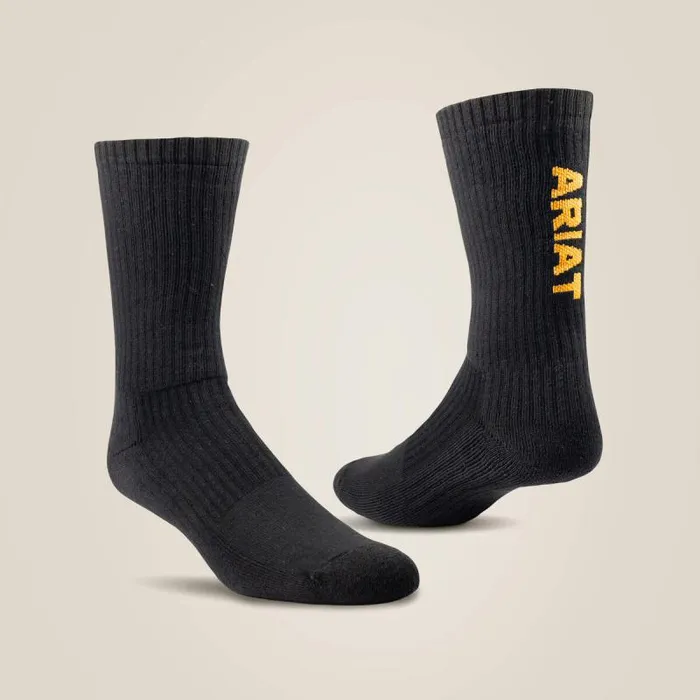 Men Socks Ariat Premium Ringspun Cotton Crew Work Sock 3 Pair Pack Black