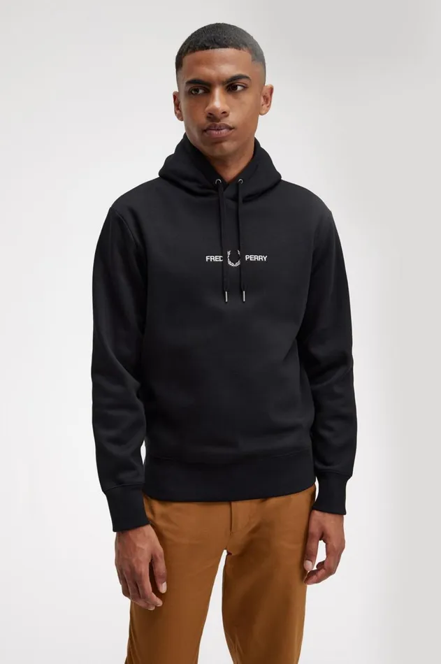 Men Sweatshirts Fred Perry Embroidered Hooded Sweatshirt Black