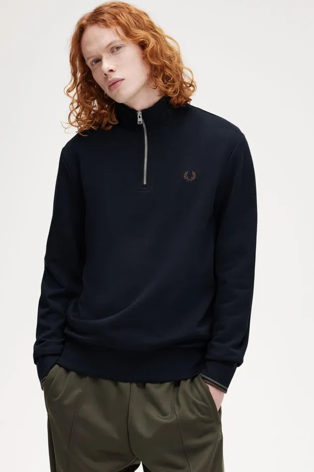 Men Sweatshirts Fred Perry HalfZip Sweatshirt Navylaurel Wreath Greencarrington Brick