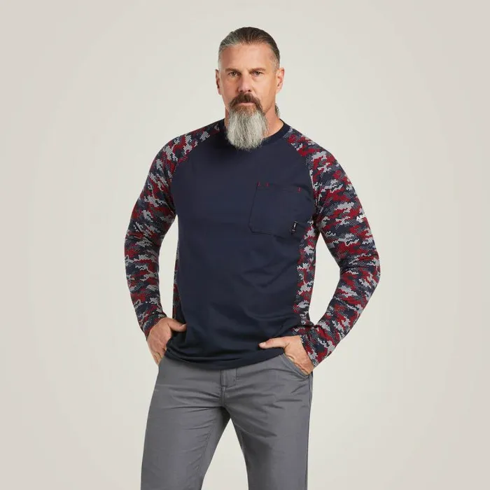 Men TShirts and Polos Ariat FR Stretch Camo Baseball TShirt Navywhitered Camo
