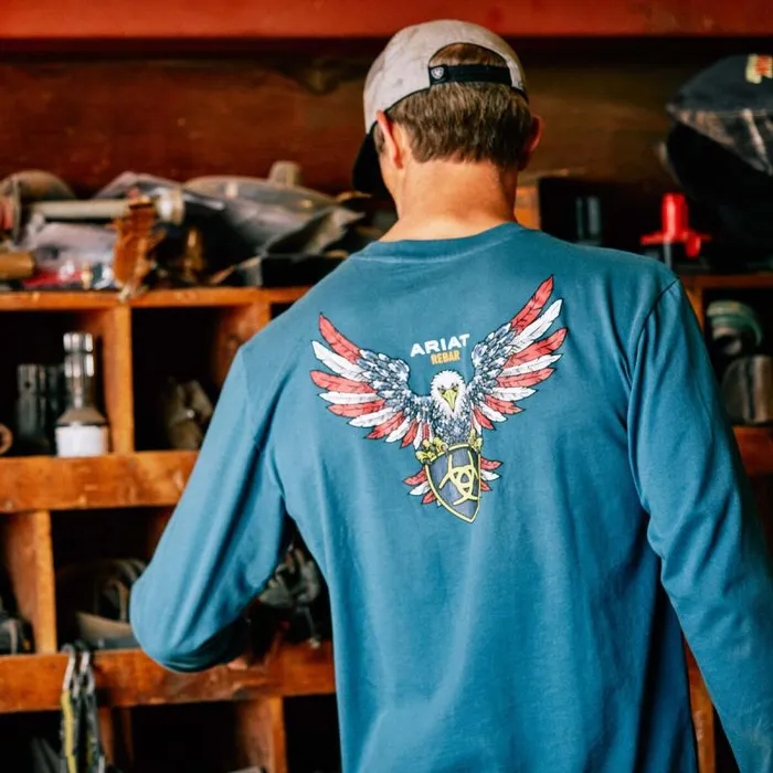 Men TShirts and Polos Ariat Rebar Cotton Strong American Raptor TShirt Indian Teal Men TShirts and Polos Ariat Rebar Cotton Strong American Raptor TShirt Indian Teal