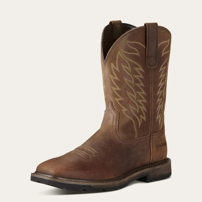 Men Work Boots Ariat Groundbreaker Wide Square Toe Steel Toe Work Boot Brown