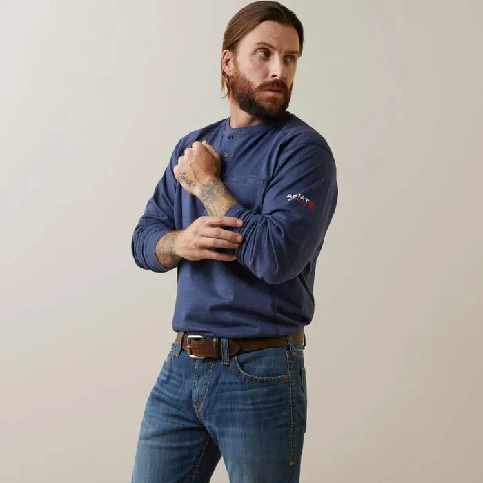 Men Workwear Ariat FR Air Refinery Row Graphic Henley Top Navy Heather Men Workwear Ariat FR Air Refinery Row Graphic Henley Top Navy Heather