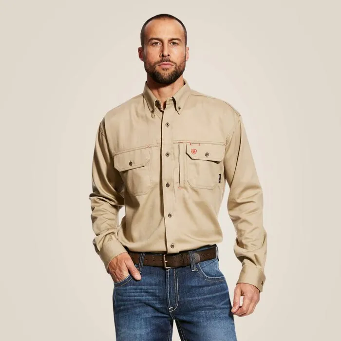 Men Workwear Ariat FR Solid Vent Work Shirt Khaki