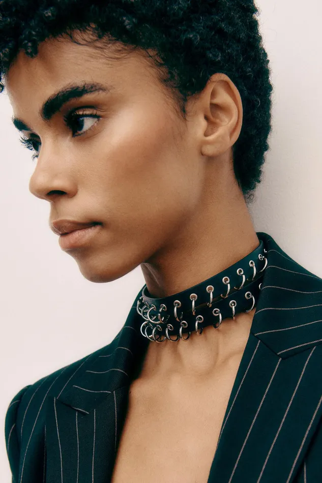 Necklaces Women Patrizia Pepe Black Leather Choker With Rings Nero