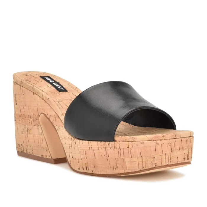 Oklee Platform Slide Sandals Jet Black Women Nine West Heels