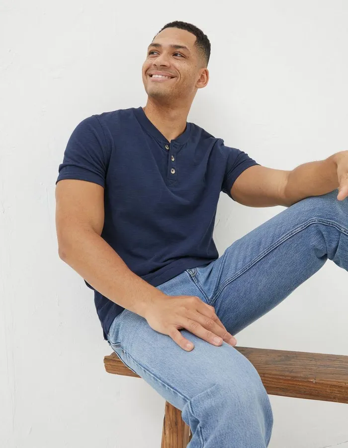 Organic Cotton Woodside Slub Henley Navy Men FatFace TShirts