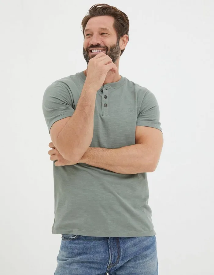 Organic Cotton Woodside Slub Henley Sage Green Men FatFace TShirts