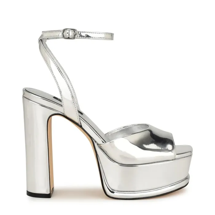 Platt Platform Ankle Strap Sandals Silver Women Nine West Sandals