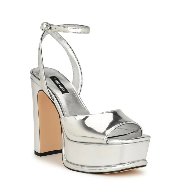 Platt Platform Ankle Strap Sandals Silver Women Nine West Sandals