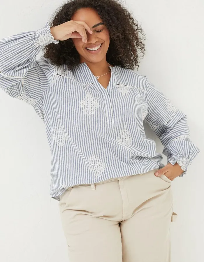 Poppy Stripe Embroidered Blouse Navy Women FatFace Shirts and Blouses